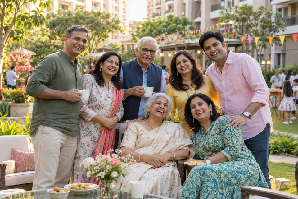 Neighbors celebrating together in a landscaped residential courtyard