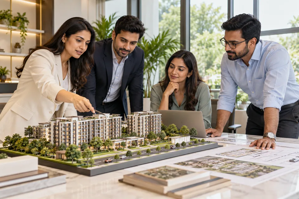Real-estate agency team reviewing a residential development model and plans