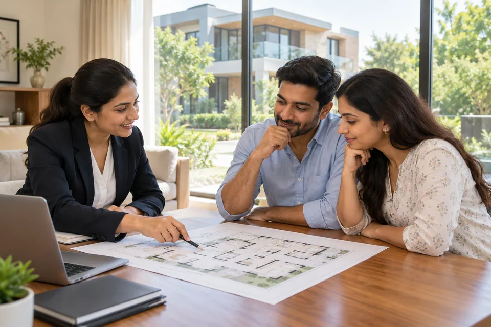 Property adviser helping a couple review a residential floor plan