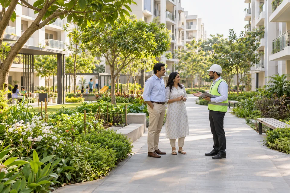 Residents and a planner discussing shared gardens in a residential neighborhood